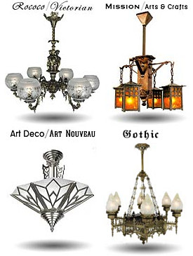 art nouveau, rococo, and mission style light fixtures