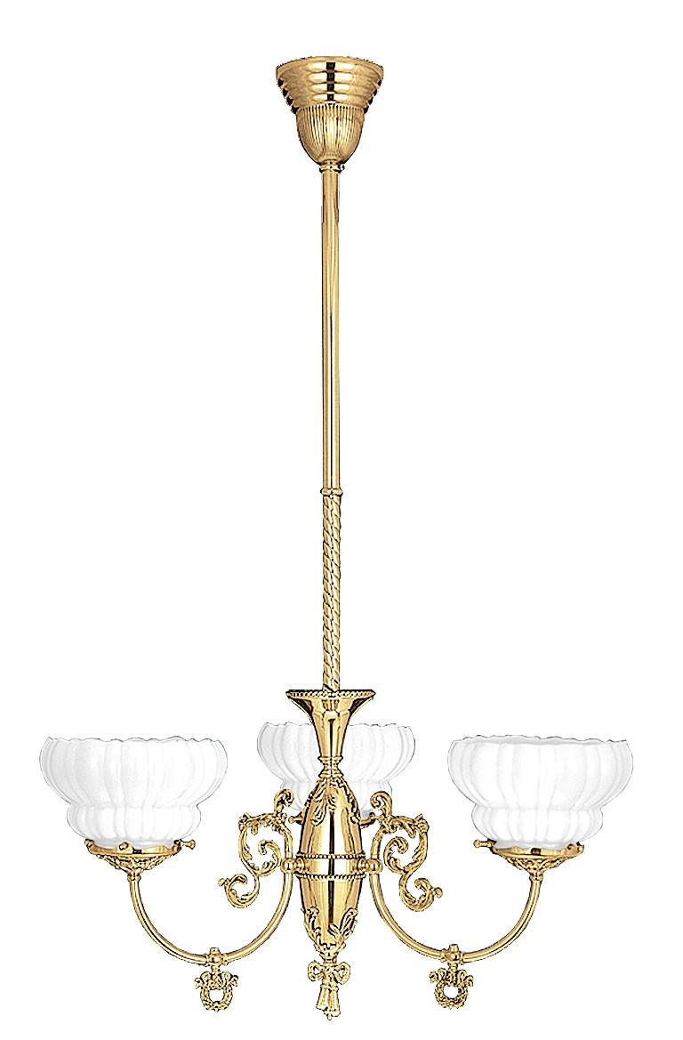 Edwardian Three Arm Polished Brass Chandelier with Frosted Frill