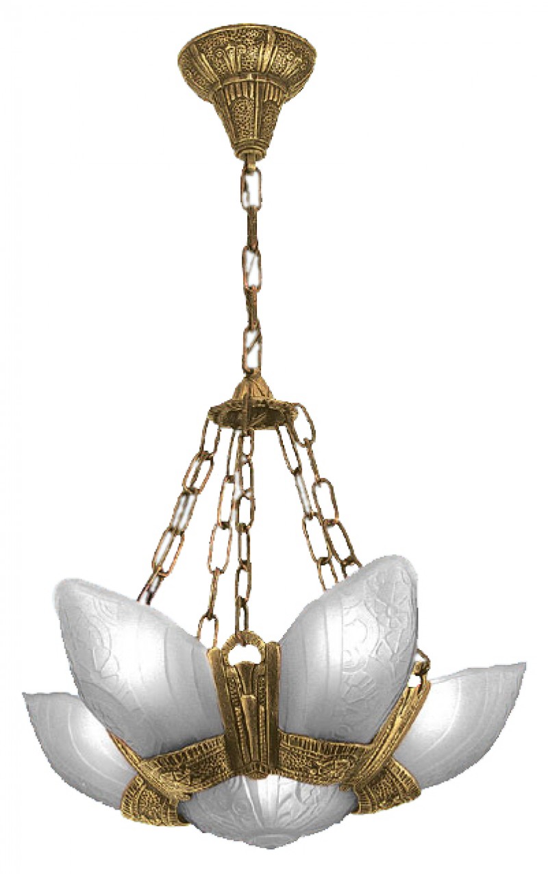 Vintage Hardware & - Art Deco Lighting Fixtures Slip Shade Fleurette 6 Light Chandeliers With Frosted Shades