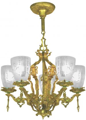 Solid Brass and Bronze Original Five Cut Glass Shade Antique Chandelier (ANT-1399)