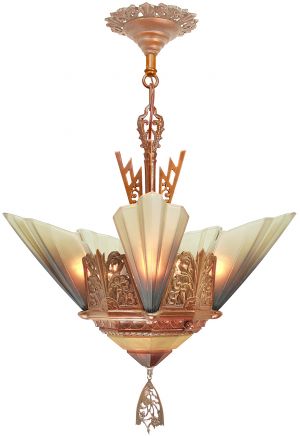 Solid Bronze Art Deco Slip Shade Chandelier by Mid-West Mnf. (ANT-1423)