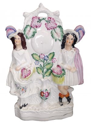 Young Lady and Gentleman with Baskets for Grape Harvest and Clock Antique Staffordshire Figure (ANT-SR158)